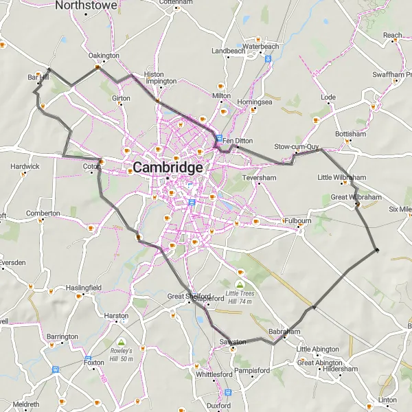 Map miniature of "Bar Hill to Cambridge loop" cycling inspiration in East Anglia, United Kingdom. Generated by Tarmacs.app cycling route planner