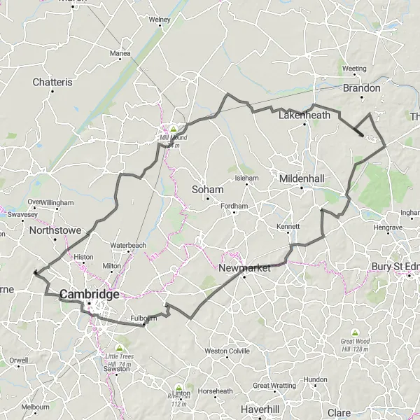 Map miniature of "Cambridge Fenland Tour" cycling inspiration in East Anglia, United Kingdom. Generated by Tarmacs.app cycling route planner