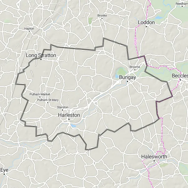 Map miniature of "Beccles to Woodton Loop" cycling inspiration in East Anglia, United Kingdom. Generated by Tarmacs.app cycling route planner