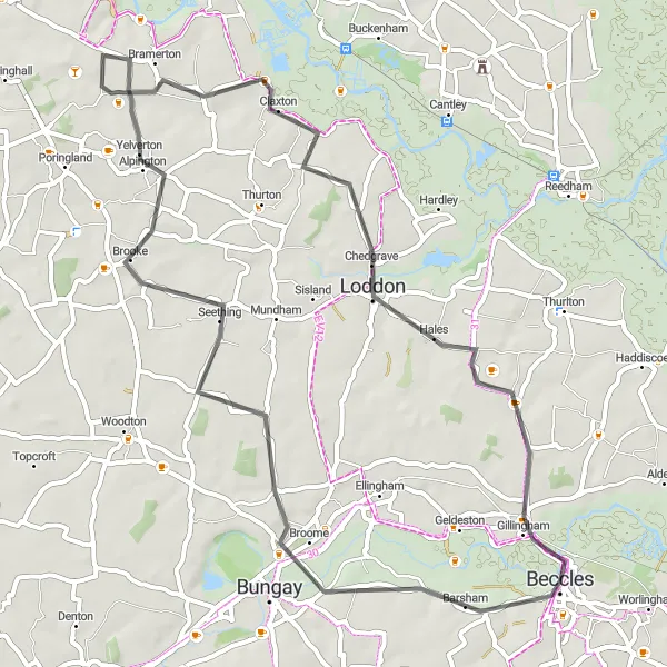 Map miniature of "Beccles to Gillingham Loop" cycling inspiration in East Anglia, United Kingdom. Generated by Tarmacs.app cycling route planner