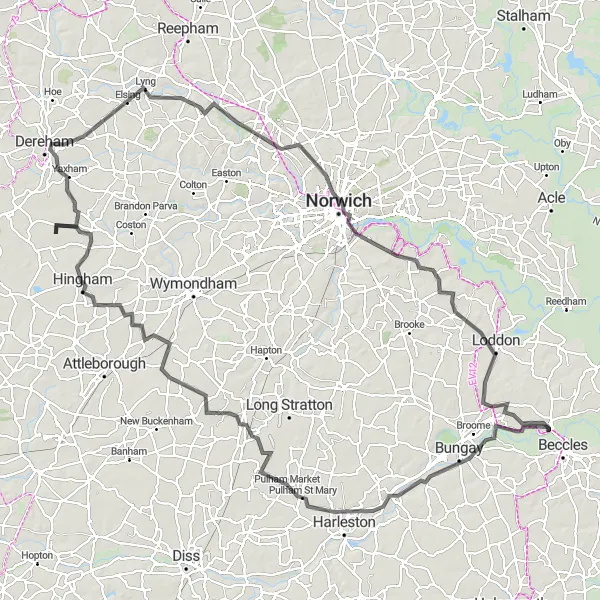 Map miniature of "Beccles to Norwich Loop" cycling inspiration in East Anglia, United Kingdom. Generated by Tarmacs.app cycling route planner