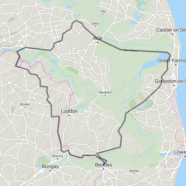 Map miniature of "Beccles to Browston Green Coastal Loop" cycling inspiration in East Anglia, United Kingdom. Generated by Tarmacs.app cycling route planner
