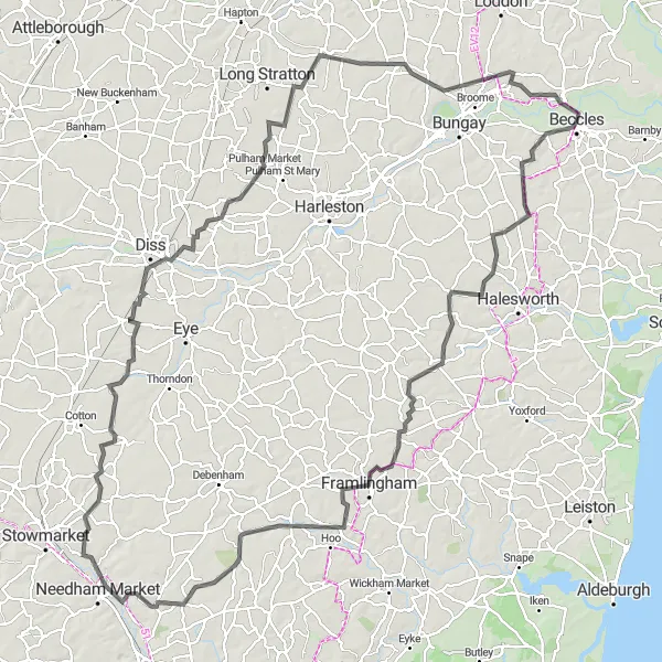 Map miniature of "Beccles to Mendlesham Ride" cycling inspiration in East Anglia, United Kingdom. Generated by Tarmacs.app cycling route planner