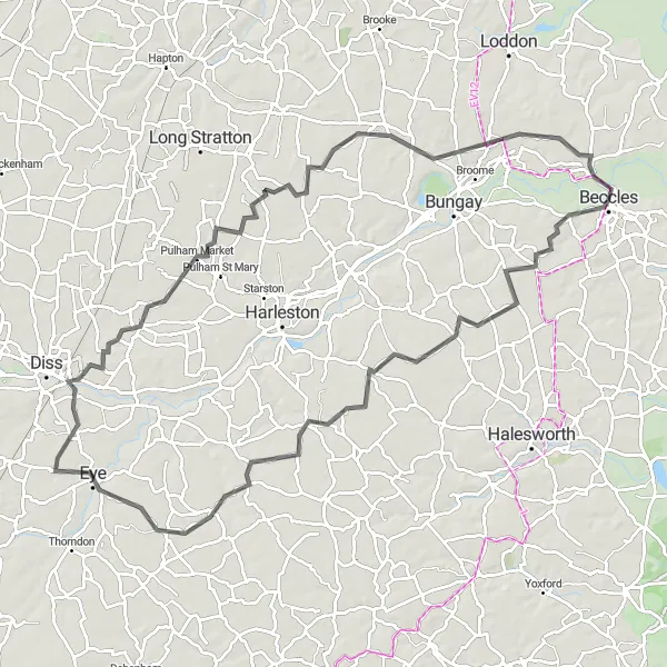 Map miniature of "Beccles to Ellingham Loop" cycling inspiration in East Anglia, United Kingdom. Generated by Tarmacs.app cycling route planner