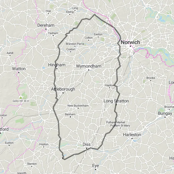 Map miniature of "The Norfolk Roll" cycling inspiration in East Anglia, United Kingdom. Generated by Tarmacs.app cycling route planner