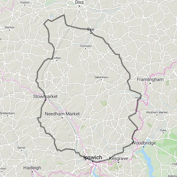 Map miniature of "Suffolk Scenic Route" cycling inspiration in East Anglia, United Kingdom. Generated by Tarmacs.app cycling route planner