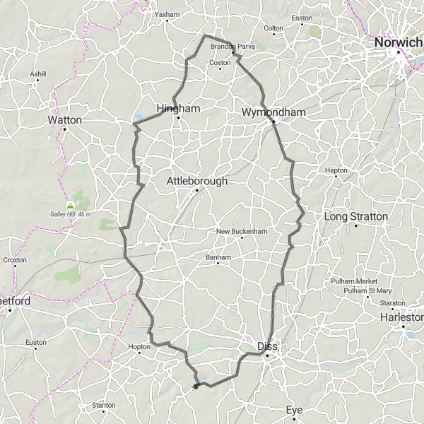 Map miniature of "The Norfolk Hills" cycling inspiration in East Anglia, United Kingdom. Generated by Tarmacs.app cycling route planner