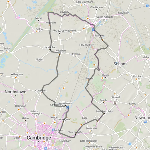 Map miniature of "Waterbeach and Ely Expedition" cycling inspiration in East Anglia, United Kingdom. Generated by Tarmacs.app cycling route planner