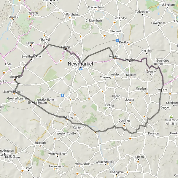Map miniature of "Burwell and Moulton Circuit" cycling inspiration in East Anglia, United Kingdom. Generated by Tarmacs.app cycling route planner