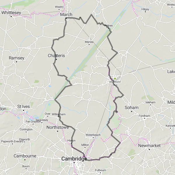 Map miniature of "The Fens and History Tour" cycling inspiration in East Anglia, United Kingdom. Generated by Tarmacs.app cycling route planner