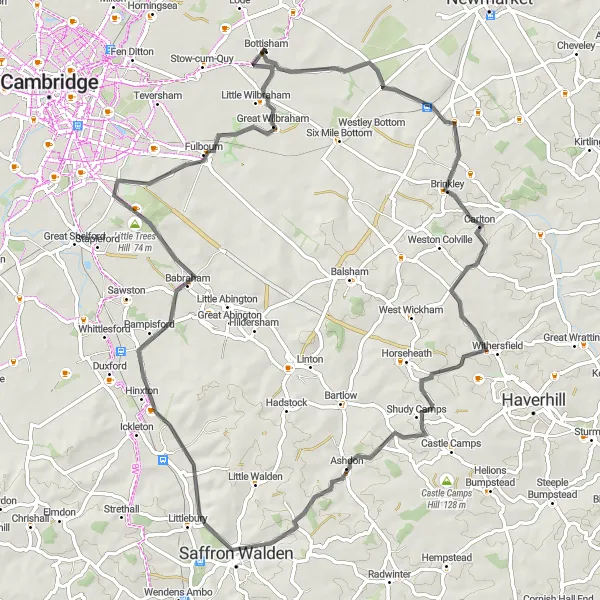 Map miniature of "The Winding Villages and Historic Towns Route" cycling inspiration in East Anglia, United Kingdom. Generated by Tarmacs.app cycling route planner