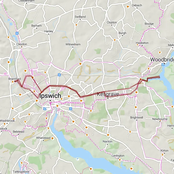 Map miniature of "The Martlesham Explorer" cycling inspiration in East Anglia, United Kingdom. Generated by Tarmacs.app cycling route planner