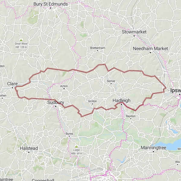 Map miniature of "The Suffolk Explorer" cycling inspiration in East Anglia, United Kingdom. Generated by Tarmacs.app cycling route planner