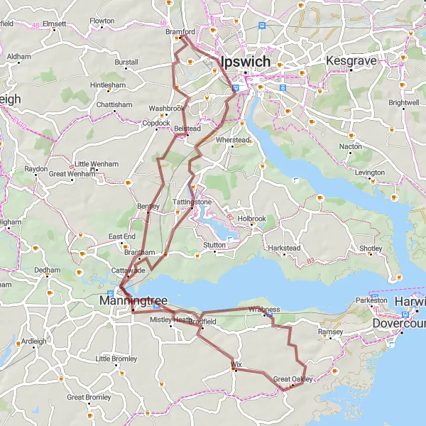 Map miniature of "The Manningtree Loop" cycling inspiration in East Anglia, United Kingdom. Generated by Tarmacs.app cycling route planner