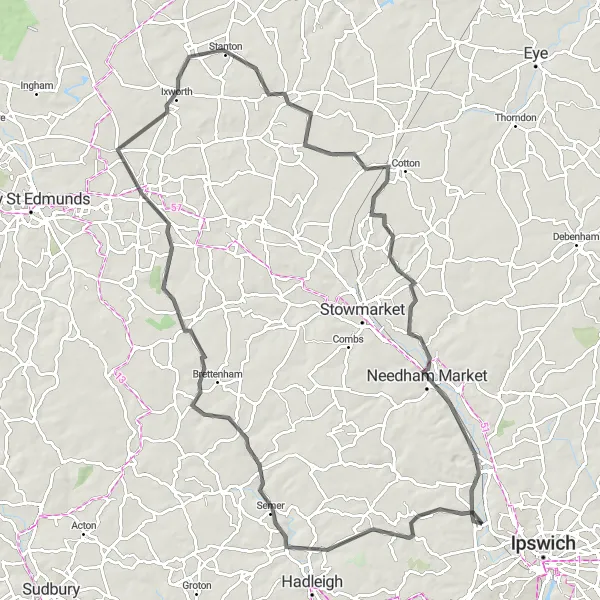 Map miniature of "The Elmsett Circuit" cycling inspiration in East Anglia, United Kingdom. Generated by Tarmacs.app cycling route planner