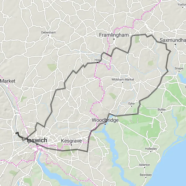 Map miniature of "The Bramford Circuit" cycling inspiration in East Anglia, United Kingdom. Generated by Tarmacs.app cycling route planner