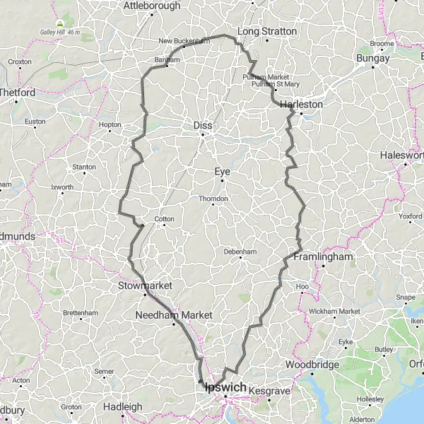 Map miniature of "The Stowmarket Adventure" cycling inspiration in East Anglia, United Kingdom. Generated by Tarmacs.app cycling route planner