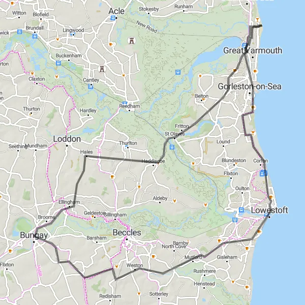 Map miniature of "Great Yarmouth Loop" cycling inspiration in East Anglia, United Kingdom. Generated by Tarmacs.app cycling route planner