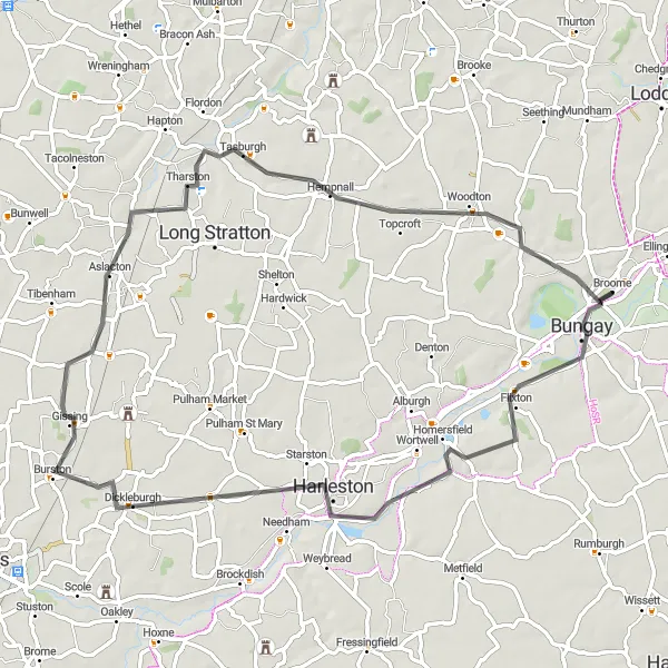 Map miniature of "Bungay to Tasburgh Adventure" cycling inspiration in East Anglia, United Kingdom. Generated by Tarmacs.app cycling route planner