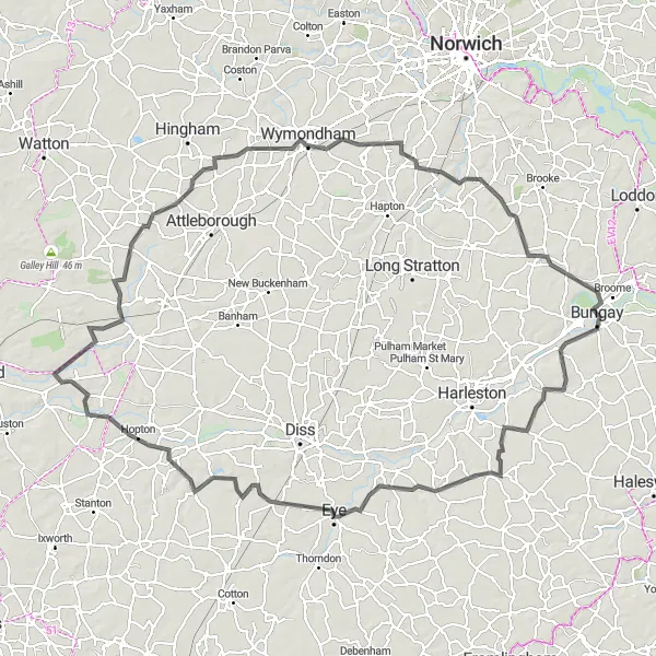 Map miniature of "Bungay to Wymondham Scenic Route" cycling inspiration in East Anglia, United Kingdom. Generated by Tarmacs.app cycling route planner