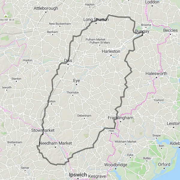 Map miniature of "Saints and Countryside" cycling inspiration in East Anglia, United Kingdom. Generated by Tarmacs.app cycling route planner