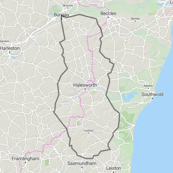 Map miniature of "Bungay to Heveningham Circular Route" cycling inspiration in East Anglia, United Kingdom. Generated by Tarmacs.app cycling route planner
