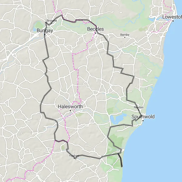 Map miniature of "The Bungay Ellingham Cycling Route" cycling inspiration in East Anglia, United Kingdom. Generated by Tarmacs.app cycling route planner