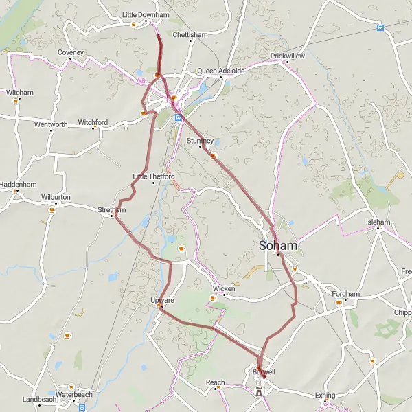 Map miniature of "Picturesque Gravel Paths to Ely" cycling inspiration in East Anglia, United Kingdom. Generated by Tarmacs.app cycling route planner