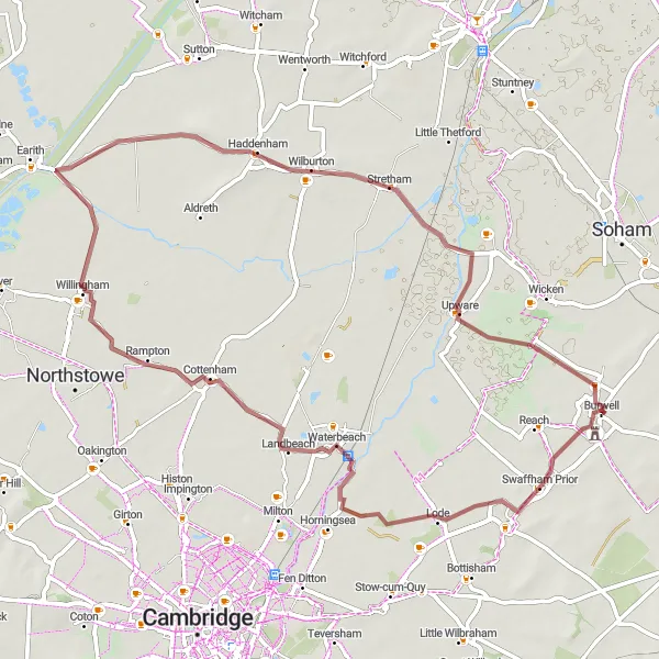 Map miniature of "Lode and beyond" cycling inspiration in East Anglia, United Kingdom. Generated by Tarmacs.app cycling route planner