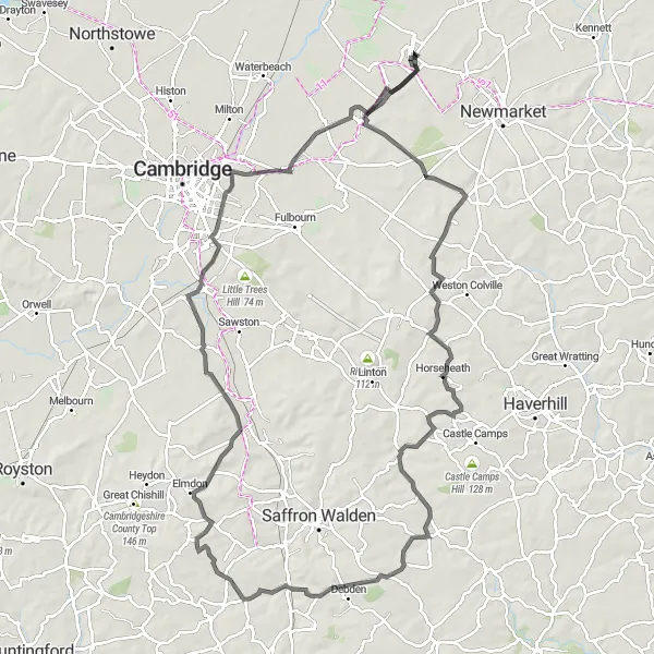 Map miniature of "Exploring the Cambridgeshire countryside" cycling inspiration in East Anglia, United Kingdom. Generated by Tarmacs.app cycling route planner