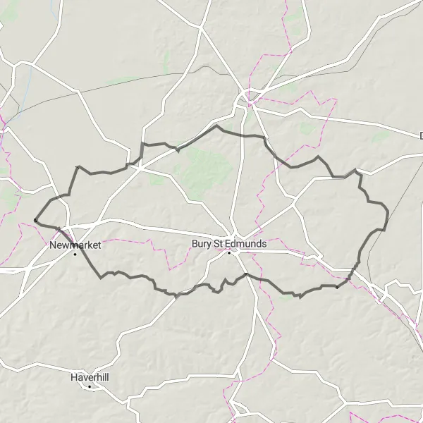 Map miniature of "Historic Villages and Countryside" cycling inspiration in East Anglia, United Kingdom. Generated by Tarmacs.app cycling route planner