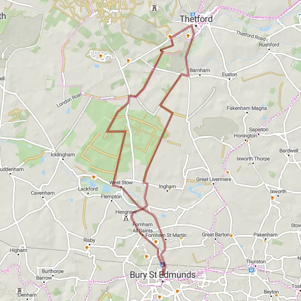 Map miniature of "Scenic Gravel Ride to Fornham St Martin and Thetford" cycling inspiration in East Anglia, United Kingdom. Generated by Tarmacs.app cycling route planner