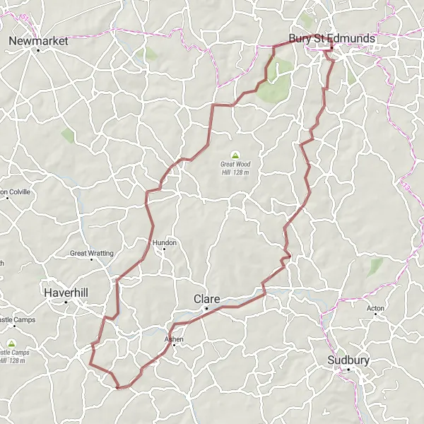 Map miniature of "Bury St Edmunds Gravel Ride" cycling inspiration in East Anglia, United Kingdom. Generated by Tarmacs.app cycling route planner
