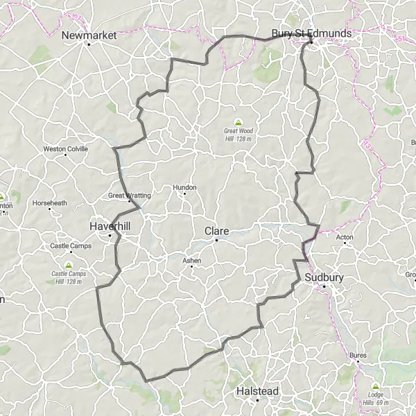 Map miniature of "Road Cycling Adventure to Finchingfield and Haverhill" cycling inspiration in East Anglia, United Kingdom. Generated by Tarmacs.app cycling route planner