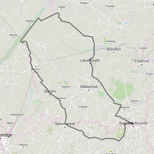 Map miniature of "Bury St Edmunds to Ely Loop" cycling inspiration in East Anglia, United Kingdom. Generated by Tarmacs.app cycling route planner