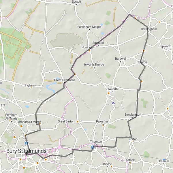 Map miniature of "Bury St Edmunds to Thurston Loop" cycling inspiration in East Anglia, United Kingdom. Generated by Tarmacs.app cycling route planner