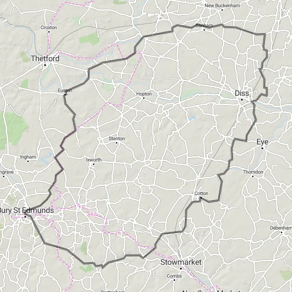 Map miniature of "Bury St Edmunds to Haughley Loop" cycling inspiration in East Anglia, United Kingdom. Generated by Tarmacs.app cycling route planner