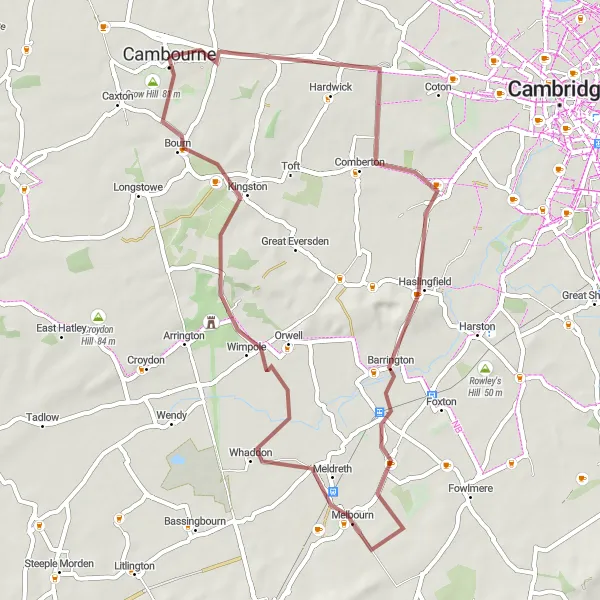 Map miniature of "The Comberton Gravel Adventure" cycling inspiration in East Anglia, United Kingdom. Generated by Tarmacs.app cycling route planner