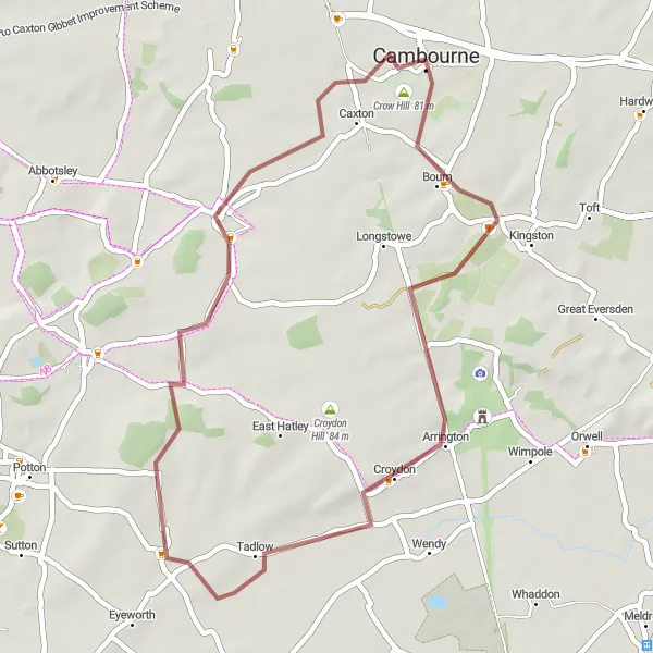 Map miniature of "Cambourne Gravel Circuit" cycling inspiration in East Anglia, United Kingdom. Generated by Tarmacs.app cycling route planner