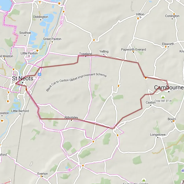 Map miniature of "The St Neots Loop" cycling inspiration in East Anglia, United Kingdom. Generated by Tarmacs.app cycling route planner