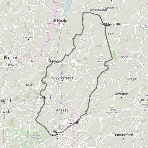 Map miniature of "Cambourne to Abbotsley Gravel Adventure" cycling inspiration in East Anglia, United Kingdom. Generated by Tarmacs.app cycling route planner