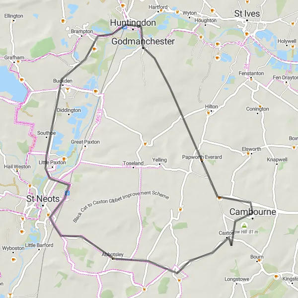 Map miniature of "The Huntingdon Ride" cycling inspiration in East Anglia, United Kingdom. Generated by Tarmacs.app cycling route planner