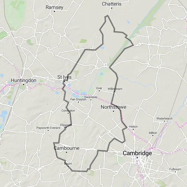 Map miniature of "Cambourne to Hardwick Circular" cycling inspiration in East Anglia, United Kingdom. Generated by Tarmacs.app cycling route planner