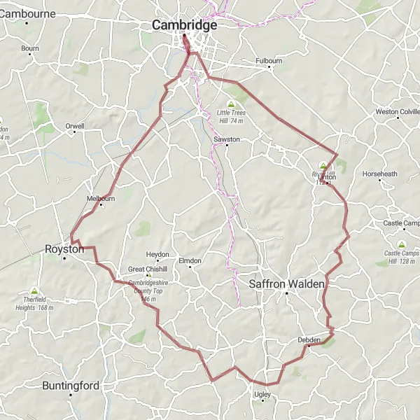 Map miniature of "The Gravel Journey Through Cambridge Countryside" cycling inspiration in East Anglia, United Kingdom. Generated by Tarmacs.app cycling route planner
