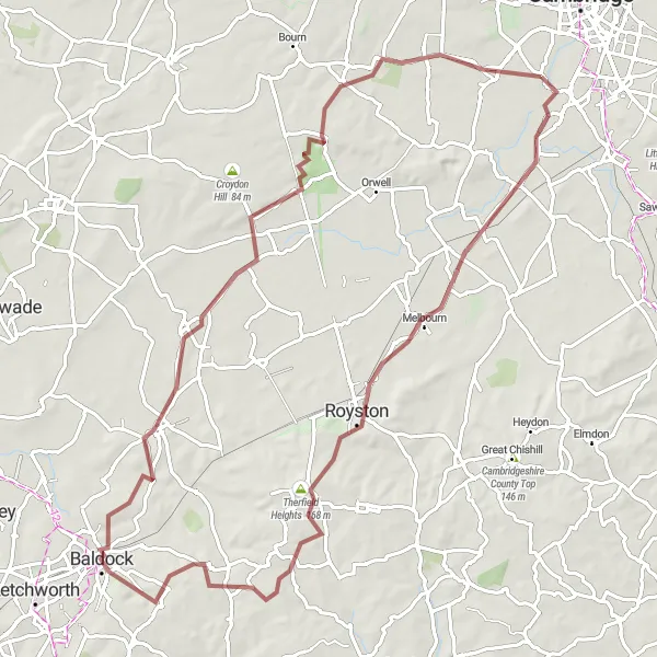 Map miniature of "The Gravel Adventure through Hertfordshire and Cambridgeshire" cycling inspiration in East Anglia, United Kingdom. Generated by Tarmacs.app cycling route planner