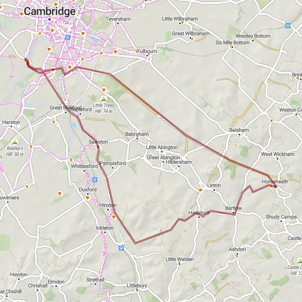 Map miniature of "Cambridge Gravel Adventure" cycling inspiration in East Anglia, United Kingdom. Generated by Tarmacs.app cycling route planner