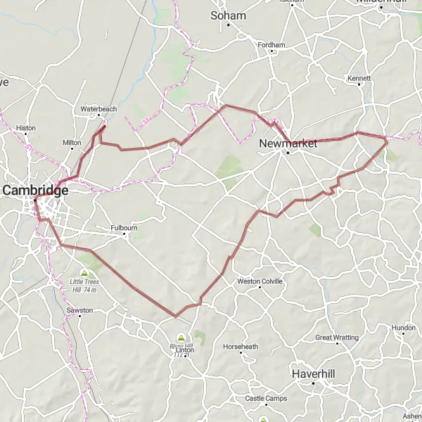 Map miniature of "Cambridge to Gog Magog Hills" cycling inspiration in East Anglia, United Kingdom. Generated by Tarmacs.app cycling route planner