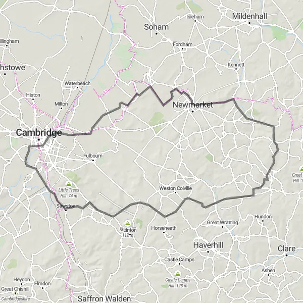 Map miniature of "The Road Expedition from Cambridge to Suffolk" cycling inspiration in East Anglia, United Kingdom. Generated by Tarmacs.app cycling route planner
