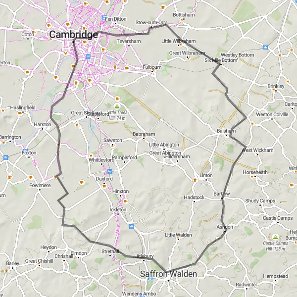 Map miniature of "Cambridge to Saffron Walden" cycling inspiration in East Anglia, United Kingdom. Generated by Tarmacs.app cycling route planner