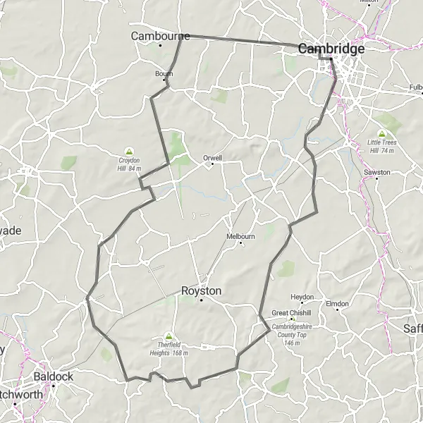 Map miniature of "Cambridge Hill Climbing Challenge" cycling inspiration in East Anglia, United Kingdom. Generated by Tarmacs.app cycling route planner